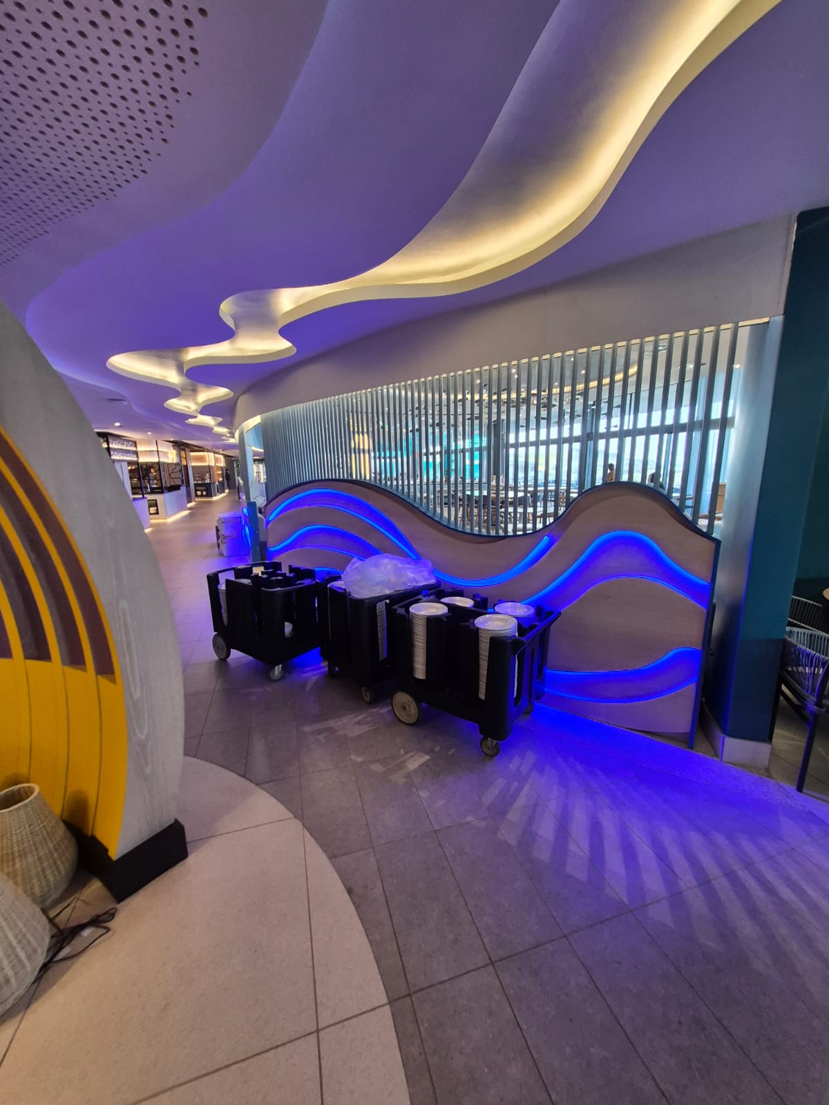 Illuminated blue LED wave feature wall alongside a curved bulkhead ceiling in the main restaurant